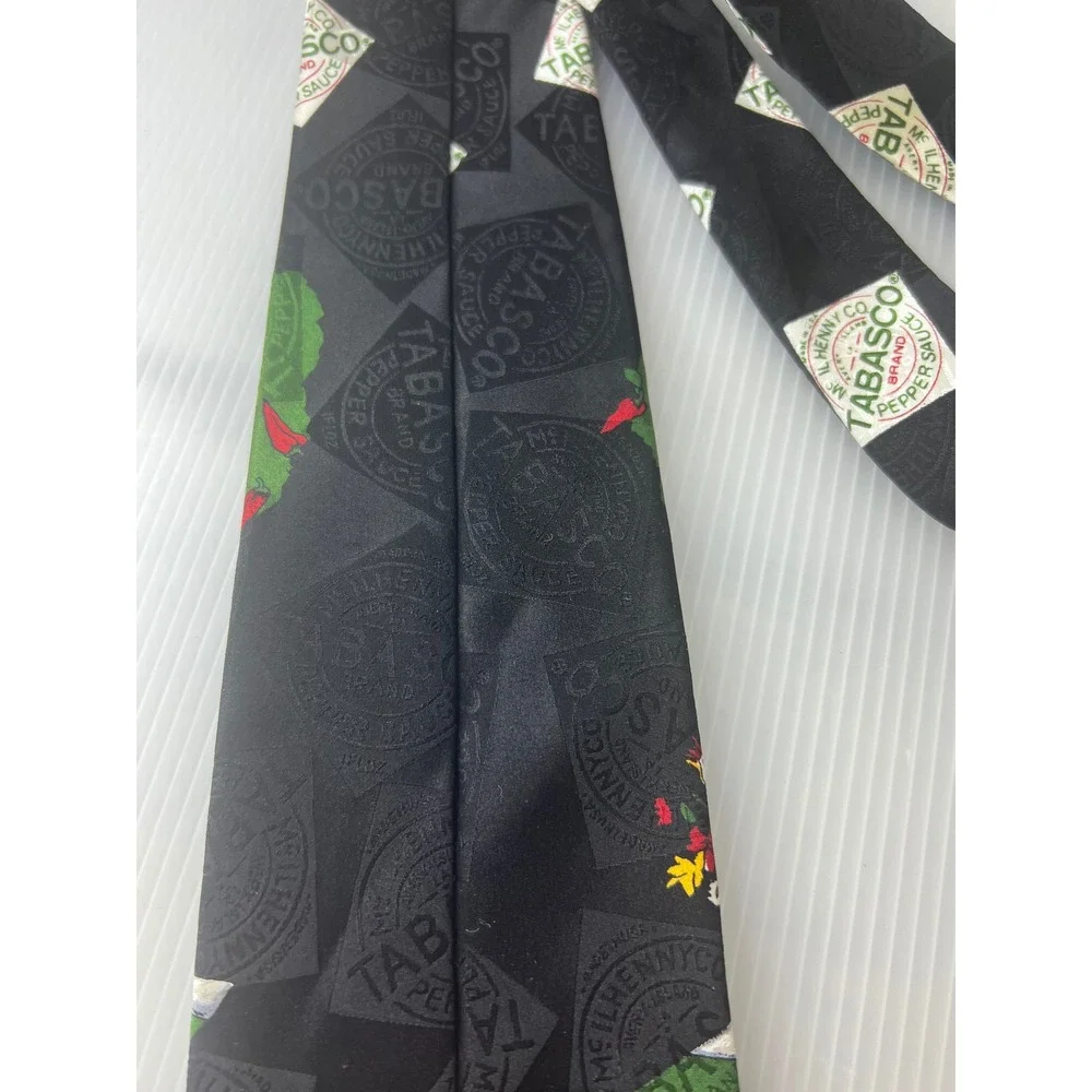 Tabasco Mens Silk Necktie‎ Black Novelty BBQ Grilling Hot Sauce Logo Print Tie